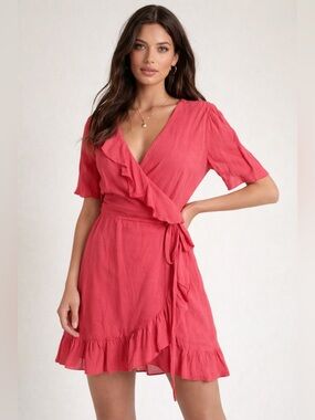 Privacy Please Wrap Dress Pink Coral Ruffle Mini Dress Size L